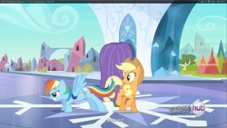 Size: 1920x1080 | Tagged: safe, screencap, applejack, rainbow dash, earth pony, pegasus, pony, the crystal empire, youtube caption