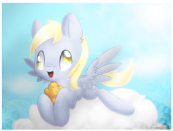 Size: 600x453 | Tagged: safe, artist:pegasisters82, derpy hooves, pegasus, pony, cloud, cute, derpabetes, ear fluff, female, mare, on a cloud, solo