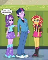 Size: 1902x2362 | Tagged: dead source, safe, artist:drewmwhit, dusk shine, prince dusk, starlight glimmer, sunset shimmer, twilight sparkle, equestria girls, alternate costumes, blushing, boots, canterlot high, clothes, counterparts, dialogue, duskshimmer, equestria girls-ified, equestria guys, half r63 shipping, hallway, high heel boots, leather jacket, lip bite, lockers, male, pants, rule 63, shipping, shoes, skirt, sneakers, sparkles, speech bubble, straight, sunsetsparkle, twilight's counterparts