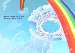 Size: 1024x720 | Tagged: safe, derpibooru import, edit, edited screencap, screencap, rainbow dash, pegasus, pony, sonic rainboom (episode), cloudiseum, cloudsdale, cropped, dragnet, poem, rainbow, sonic rainboom, text