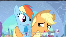 Size: 1920x1080 | Tagged: safe, screencap, applejack, rainbow dash, earth pony, pegasus, pony, the crystal empire, youtube caption