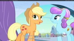 Size: 1920x1080 | Tagged: safe, screencap, applejack, earth pony, pony, the crystal empire, female, mare, youtube caption