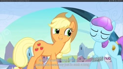 Size: 1920x1080 | Tagged: safe, screencap, applejack, earth pony, pony, the crystal empire, female, mare, youtube caption