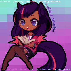 Size: 590x590 | Tagged: safe, artist:ponybone, derpibooru import, twilight sparkle, human, book, charm, chibi, clothes, dark skin, eared humanization, female, horned humanization, humanized, necktie, skirt, tailed humanization