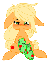 Size: 562x738 | Tagged: safe, artist:puds, applejack, earth pony, pony, blushing, clothes, simple background, socks, text, transparent background