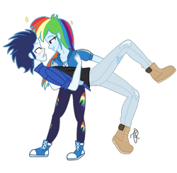 Size: 2048x2009 | Tagged: safe, artist:ilaria122, derpibooru import, rainbow dash, soarin', equestria girls, bedroom eyes, blushing, boots, converse, female, male, shipping, shoes, soarindash, straight