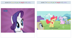 Size: 585x312 | Tagged: safe, apple bloom, rarity, pony, unicorn, exploitable meme, juxtaposition, juxtaposition win, meta