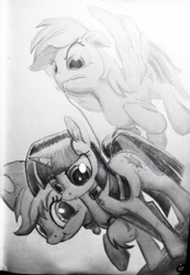 Size: 1452x2102 | Tagged: safe, artist:ponsce, derpibooru import, applejack, rainbow dash, twilight sparkle, earth pony, pegasus, pony, appledashlight, collar, female, lesbian, monochrome, polyamory, shipping, traditional art, whip