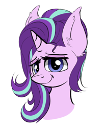 Size: 608x739 | Tagged: safe, artist:duop-qoub, starlight glimmer, pony, unicorn, bust, ear fluff, looking at you, portrait, sad, simple background, smiling, solo, white background