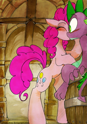 Size: 637x900 | Tagged: safe, artist:foxinshadow, pinkie pie, spike, dragon, earth pony, pony, barrel, blushing, female, interspecies, kissing, male, markers, pinkiespike, shipping, straight, traditional art, watercolor painting