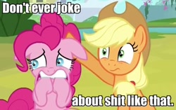 Size: 848x532 | Tagged: safe, applejack, pinkie pie, earth pony, pony, image macro, nervous, scared