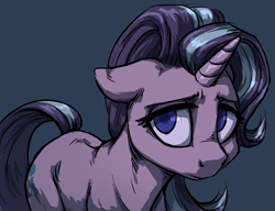 Size: 1300x1000 | Tagged: safe, artist:mav, starlight glimmer, pony, unicorn, blue background, colored pupils, empty eyes, floppy ears, frown, looking at you, sad, sadlight glimmer, simple background, solo