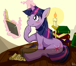 Size: 800x693 | Tagged: safe, artist:masaka, artist:真坂, derpibooru import, twilight sparkle, book, candle, magic, pixiv, quill, scroll, solo, telekinesis