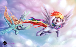 Size: 4200x2600 | Tagged: safe, artist:katakiuchi4u, derpibooru import, rainbow dash, zephyr breeze, pegasus, pony, absurd resolution, cloud, commission, female, flying, looking back, male, mare, open mouth, sky, stallion