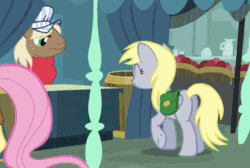 Size: 387x260 | Tagged: safe, screencap, caboose, derpy hooves, fluttershy, pegasus, pony, putting your hoof down, animated, bag, female, mare, muffin, sad, saddle bag