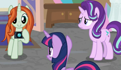 Size: 742x428 | Tagged: safe, screencap, crackle cosette, queen chrysalis, starlight glimmer, twilight sparkle, twilight sparkle (alicorn), alicorn, changeling, changeling queen, unicorn, the mean 6, camera, cropped, disguise, disguised changeling, school of friendship