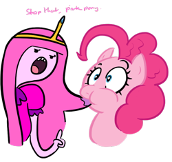 Size: 682x642 | Tagged: safe, artist:elslowmo, artist:shoutingisfun, pinkie pie, earth pony, pony, adventure time, biting, crossover, duo, hair bite, nom