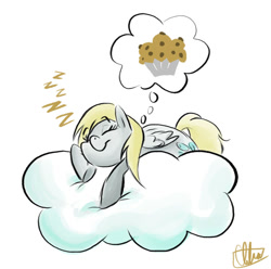 Size: 800x795 | Tagged: safe, artist:romaniz, derpy hooves, pegasus, pony, cloud, female, lying on a cloud, mare, muffin, on a cloud, sleeping, sleeping on cloud, solo, that pony sure does love muffins, zzz