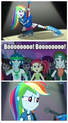 Size: 938x1682 | Tagged: safe, derpibooru import, edit, edited screencap, screencap, blueberry cake, captain planet, lavender lace, rainbow dash, rose heart, scott green, equestria girls, rainbow rocks, guitar, microphone, screencap comic, stage, sweat