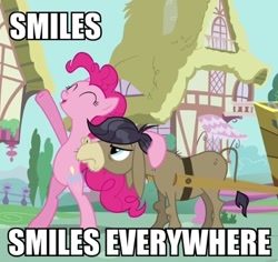 Size: 452x426 | Tagged: safe, edit, edited screencap, screencap, cranky doodle donkey, pinkie pie, donkey, earth pony, pony, a friend in deed, bipedal, cropped, eyes closed, hoof around neck, image macro, ponyville, smiling, x x everywhere