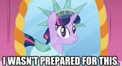 Size: 562x304 | Tagged: safe, derpibooru import, edit, edited screencap, screencap, twilight sparkle, unicorn twilight, pony, unicorn, caption, costume, female, lady liberty, mare, meta, murica, solo, statue of liberty