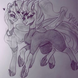 Size: 1073x1073 | Tagged: safe, artist:your_queen_artist, princess luna, tempest shadow, alicorn, pony, unicorn, broken horn, female, heart, hoof shoes, horn, lesbian, mare, peytral, raised hoof, shipping, smiling, tempestluna, traditional art