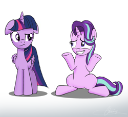 Size: 2832x2592 | Tagged: safe, artist:oinktweetstudios, starlight glimmer, twilight sparkle, twilight sparkle (alicorn), alicorn, pony, floppy ears, gradient background, grin, looking at each other, nervous, nervous grin, raised eyebrow, shrug, sitting, smiling, teacher and student, underhoof, wavy mouth