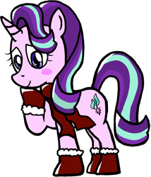 Size: 650x759 | Tagged: safe, artist:starshinesprint, starlight glimmer, pony, unicorn, blush sticker, blushing, boots, clothes, scarf, simple background, smiling, solo, transparent background