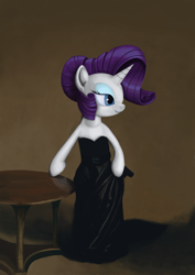 Size: 1414x2000 | Tagged: safe, artist:drakmire, rarity, pony, unicorn, bipedal, black dress, clothes, dress, table