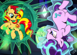 Size: 1614x1153 | Tagged: safe, artist:dsana, starlight glimmer, sunset shimmer, pony, castle of the royal pony sisters, commission, confrontation, duo, fight, magic, twilight's castle