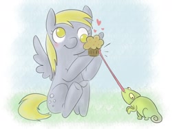 Size: 1280x960 | Tagged: safe, artist:happyendingfactory, derpy hooves, pegasus, pony, blushing, chameleon, female, mare, muffin, that pony sure does love muffins