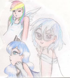 Size: 720x798 | Tagged: safe, artist:wrath-marionphauna, dj pon-3, princess luna, rainbow dash, vinyl scratch, human, clothes, colored pencil drawing, crown, ear piercing, earring, eyes closed, humanized, jewelry, peace sign, piercing, regalia, sunglasses, traditional art, winged humanization, wings