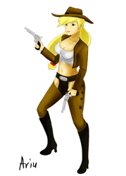 Size: 1000x1400 | Tagged: safe, artist:kprovido, applejack, human, applerack, breasts, cleavage, crossover, dual wield, gun, humanized, league of legends, miss fortune (league of legends), no trigger discipline, revolver, weapon