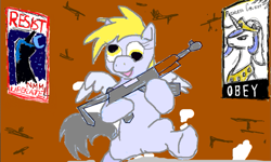 Size: 831x498 | Tagged: artist needed, safe, derpy hooves, pegasus, pony, bipedal, female, gun, mare, poster, revolution, rifle, solo, weapon
