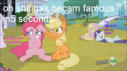 Size: 1280x720 | Tagged: safe, screencap, applejack, fluttershy, pinkie pie, rarity, earth pony, pegasus, pony, unicorn, the crystal empire, gak, hub logo, meme