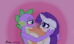 Size: 854x512 | Tagged: safe, artist:spleedoodlez, rarity, spike, dragon, pony, unicorn, blushing, shipping, sparity