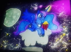Size: 1080x792 | Tagged: safe, artist:bellas.den, princess luna, alicorn, pony, cloud, female, food, full moon, glowing horn, hoof shoes, horn, mare, moon, night, on a cloud, popcorn, prone, solo, stars