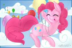 Size: 1378x934 | Tagged: safe, artist:missrenakitsune, pinkie pie, earth pony, pony, balloon, female, floating, laughing, mare, sky, solo, then watch her balloons lift her up to the sky