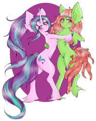 Size: 1185x1500 | Tagged: safe, artist:niniibear, starlight glimmer, tree hugger, earth pony, pony, unicorn, blushing, crack shipping, cute, female, green, lesbian, mare, pink, shipping, simple background, starhugger, transparent background, tree, unshorn fetlocks