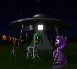 Size: 1656x1488 | Tagged: safe, artist:darth-biomech, derpy hooves, twilight sparkle, unicorn twilight, alien, pegasus, pony, unicorn, female, flying saucer, mare, night, telescope, ufo