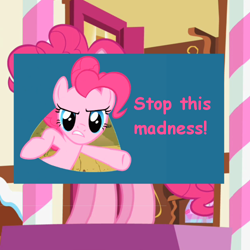 Size: 500x500 | Tagged: safe, screencap, pinkie pie, earth pony, pony, baby cakes, comic sans, meta, offensive ponies, text