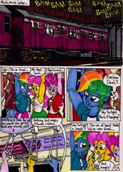 Size: 1024x1441 | Tagged: safe, artist:newyorkx3, derpibooru import, fluttershy, pinkie pie, rainbow dash, comic:sea beach line incident, equestria girls, food, metro, subway, train