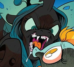Size: 395x357 | Tagged: safe, artist:andypriceart, idw, lightning dust, queen chrysalis, changeling, changeling queen, pony, siege of the crystal empire, spoiler:comic36, drool, fangs, female, mare, official comic, open mouth, you know for kids