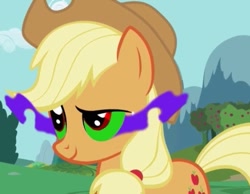 Size: 463x360 | Tagged: safe, applejack, earth pony, pony, blonde mane, dark magic, female, mare, orange coat, solo, sombra eyes