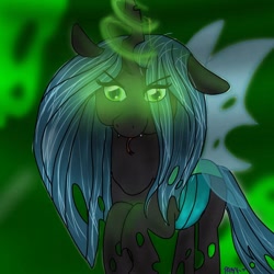 Size: 768x768 | Tagged: safe, artist:parn, queen chrysalis, changeling, changeling queen, dark, fanart, glowing horn, green background, green eyes, simple background