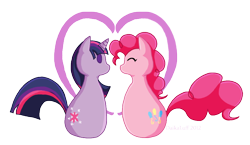 Size: 830x481 | Tagged: safe, artist:daikaluff, derpibooru import, pinkie pie, twilight sparkle, earth pony, pony, eyes closed, female, lesbian, shipping, twinkie