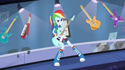 Size: 1280x720 | Tagged: safe, derpibooru import, screencap, rainbow dash, equestria girls, guitar centered, amplifier, electric guitar, guitar, keytar, musical instrument, solo