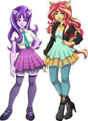 Size: 900x1230 | Tagged: safe, artist:sparks220stars, starlight glimmer, sunset shimmer, equestria girls, boots, breasts, clothes, crossed legs, cute, duo, equestria girls-ified, female, high heel boots, high heels, jacket, leather jacket, lipstick, looking at you, mary janes, necktie, pants, plaid, pleated skirt, ponied up, pony ears, shoes, skirt, starlight jiggler, stockings, sunset jiggler
