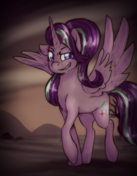 Size: 887x1137 | Tagged: safe, artist:not-ordinary-pony, starlight glimmer, alicorn, pony, the cutie re-mark, alicornified, alternate timeline, alternate universe, ashlands timeline, barren, evil grin, grin, implied genocide, post-apocalyptic, race swap, smiling, solo, starlicorn, this will end in communism, wasteland, xk-class end-of-the-world scenario