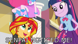 Size: 640x360 | Tagged: safe, screencap, sunset shimmer, twilight sparkle, equestria girls, rainbow rocks, female, image macro, lesbian, meme, senpai, senpai noticed me, shipping, sunsetsparkle